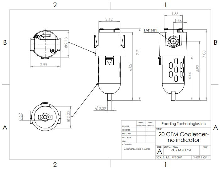20 SCFM COALESCER 1/4" POLY BOWL W/AUTO DRN. MPN 3C-020-P02-F
